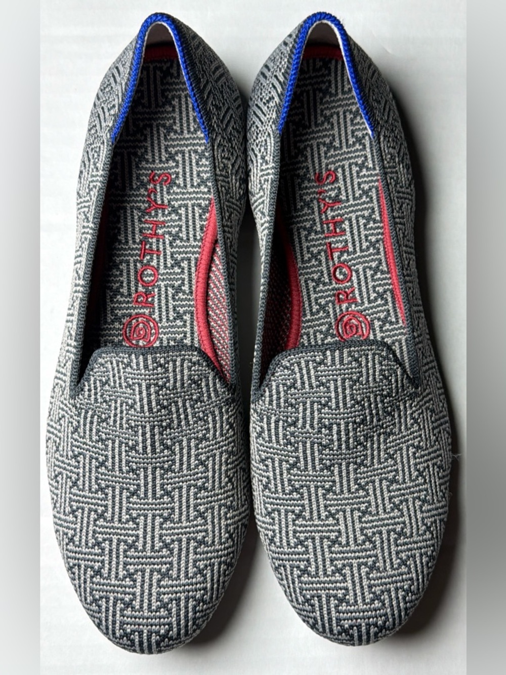 Rothy's Gray and Red Woven Slip-Ons with Blue Trim